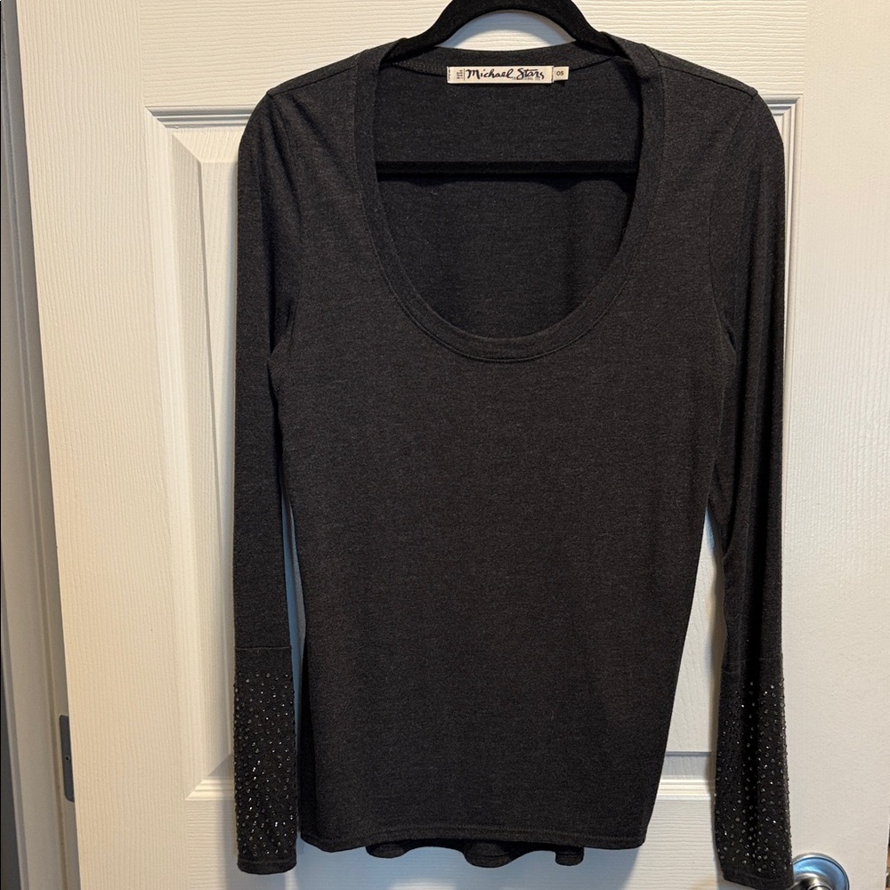 Michael Stars Black Long Sleeve Scoop Neck Tee with Studded Cuffs